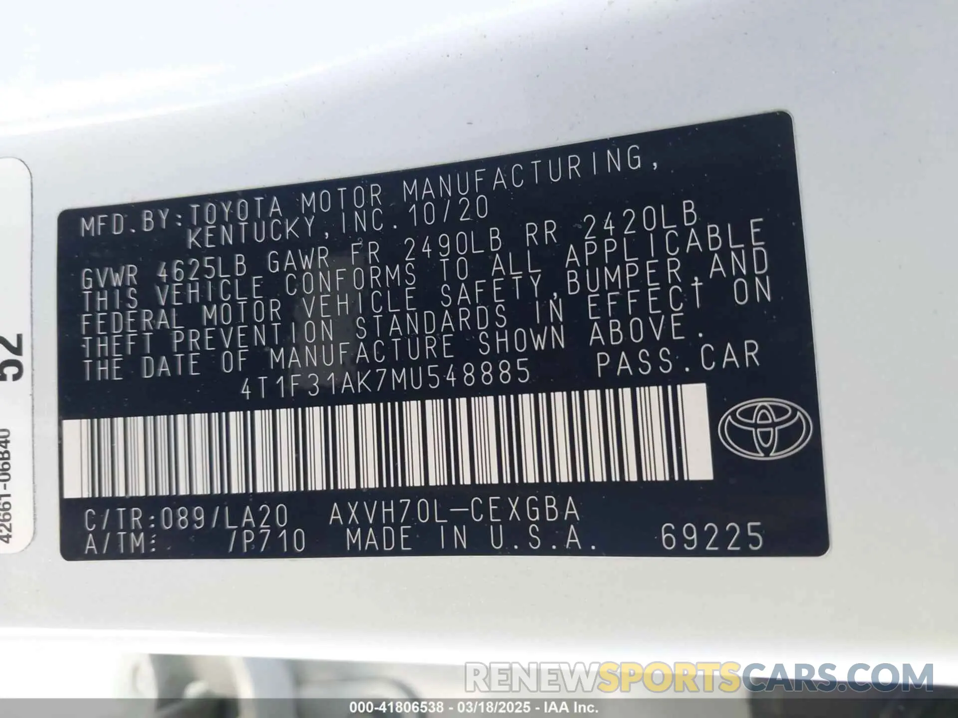 9 fotografías del automóvil dañado 4T1F31AK7MU548885 TOYOTA CAMRY 2021