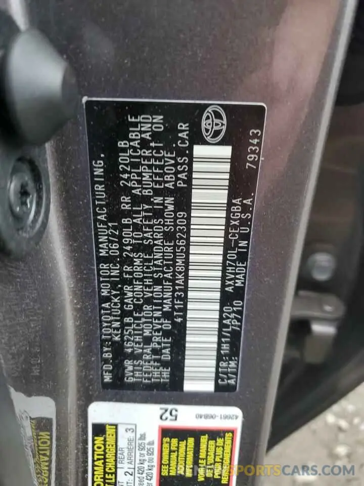13 fotografías del automóvil dañado 4T1F31AK8MU562309 TOYOTA CAMRY 2021