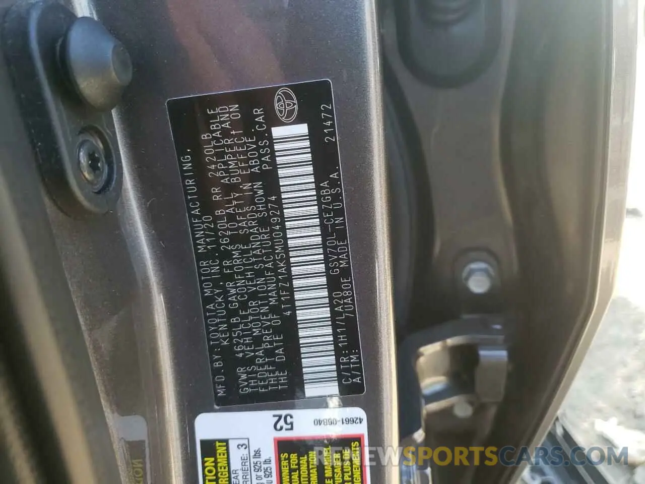 10 fotografías del automóvil dañado 4T1FZ1AK5MU049274 TOYOTA CAMRY 2021