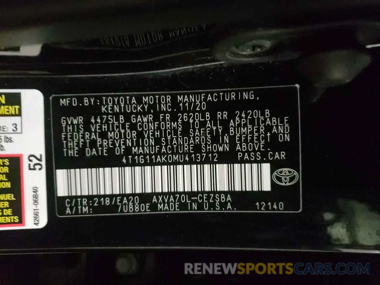 10 fotografías del automóvil dañado 4T1G11AK0MU413712 TOYOTA CAMRY 2021