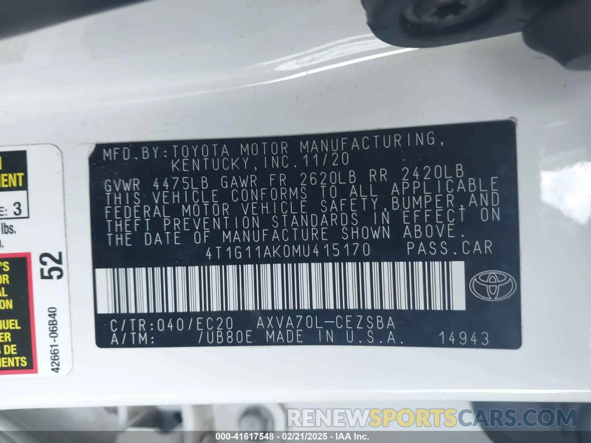 9 fotografías del automóvil dañado 4T1G11AK0MU415170 TOYOTA CAMRY 2021