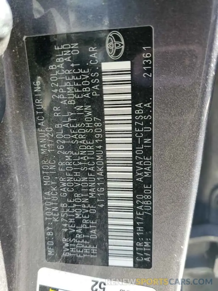 12 fotografías del automóvil dañado 4T1G11AK0MU419087 TOYOTA CAMRY 2021