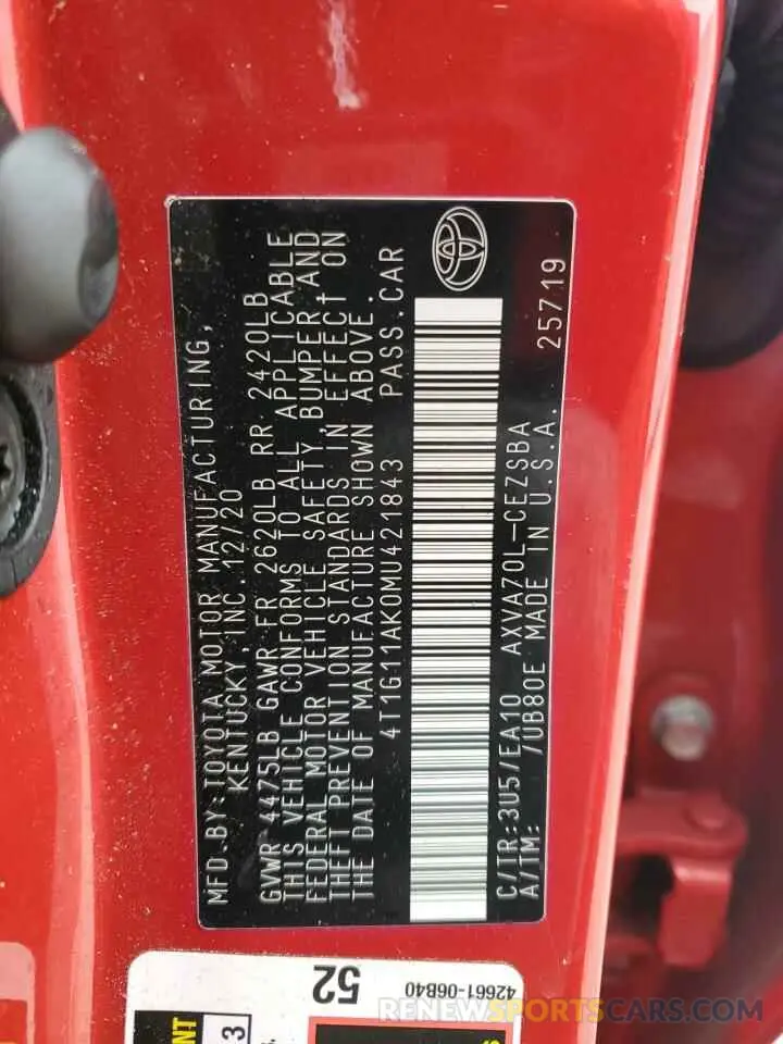 12 fotografías del automóvil dañado 4T1G11AK0MU421843 TOYOTA CAMRY 2021