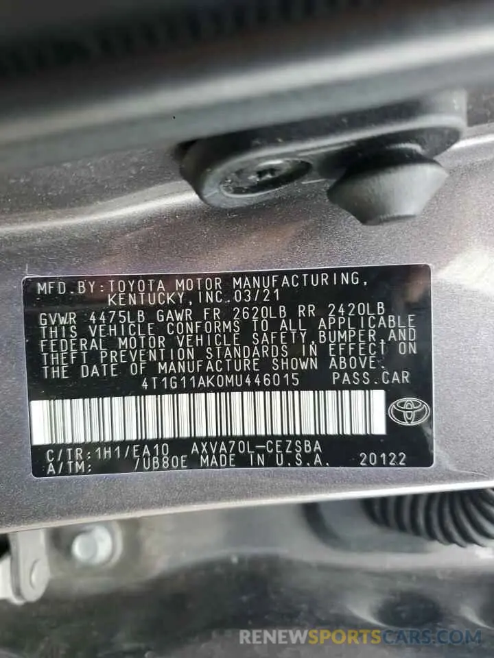 12 fotografías del automóvil dañado 4T1G11AK0MU446015 TOYOTA CAMRY 2021