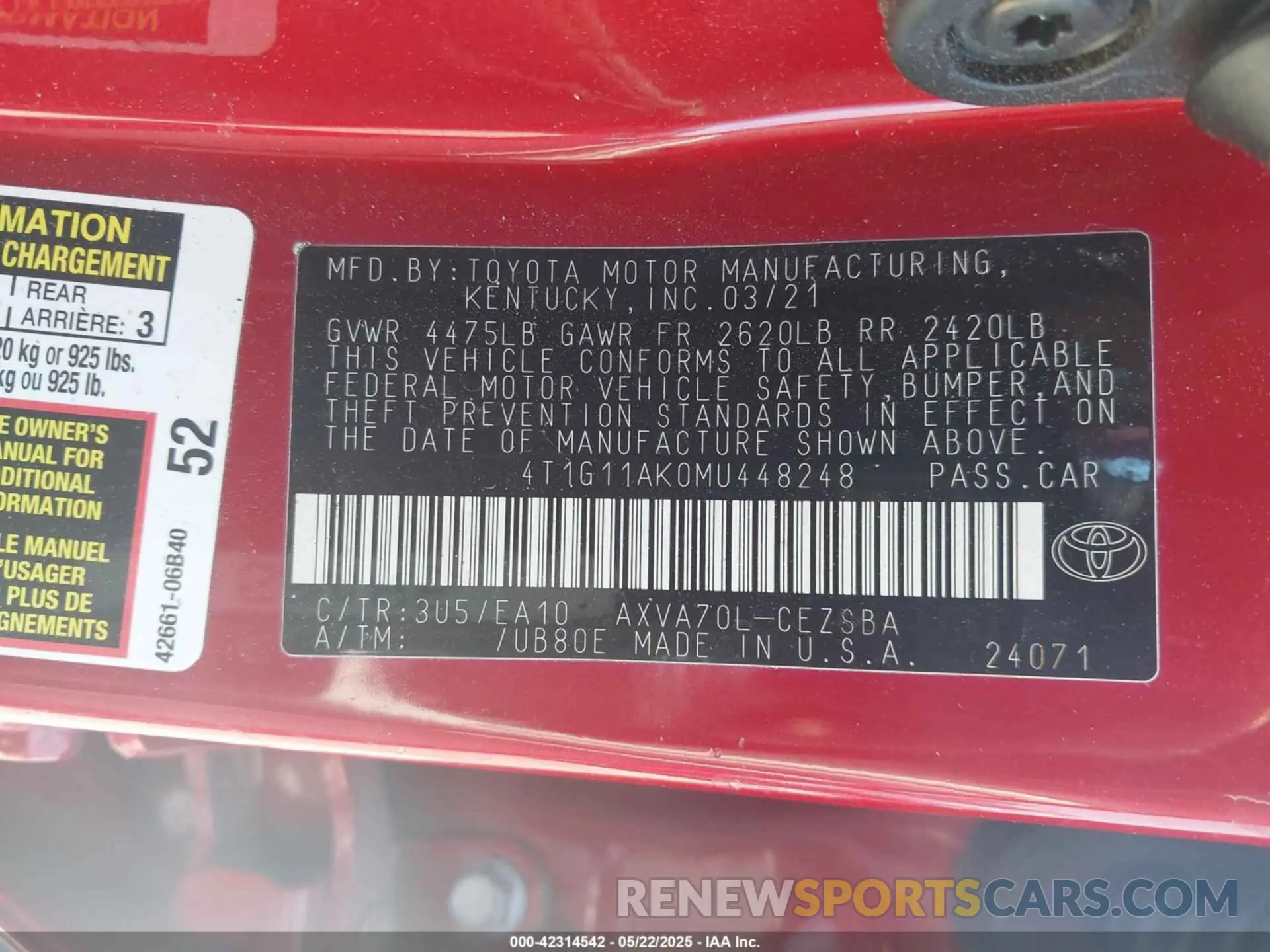 9 fotografías del automóvil dañado 4T1G11AK0MU448248 TOYOTA CAMRY 2021