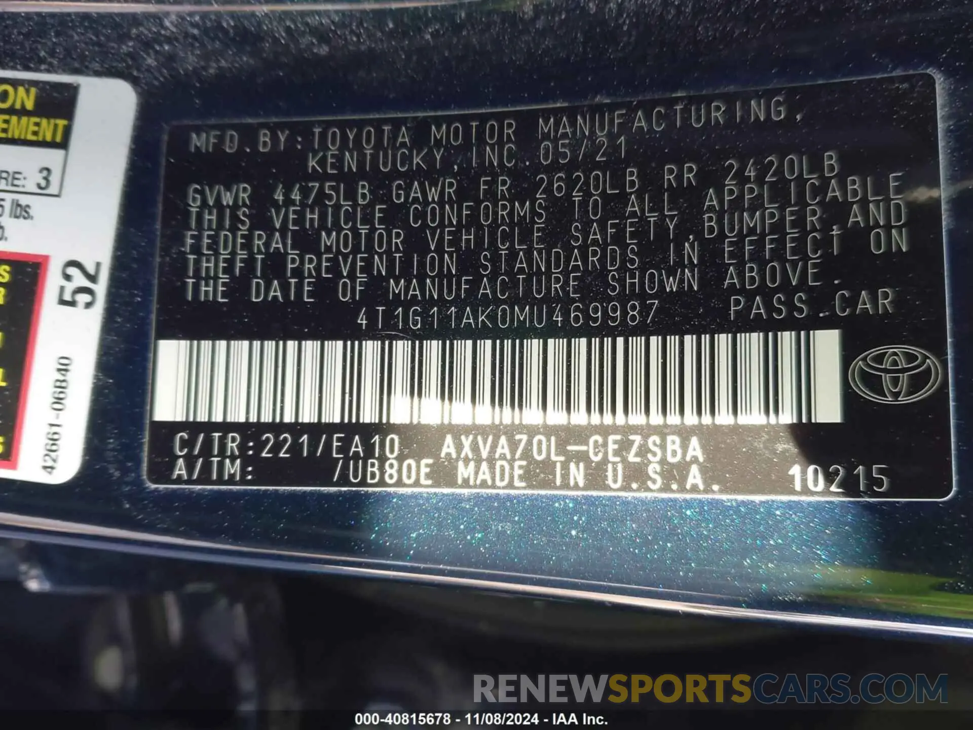 9 fotografías del automóvil dañado 4T1G11AK0MU469987 TOYOTA CAMRY 2021