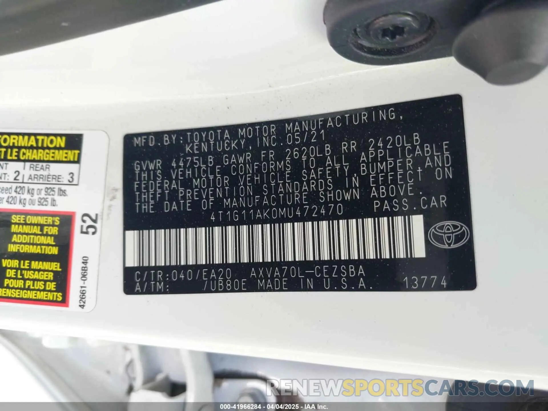 9 fotografías del automóvil dañado 4T1G11AK0MU472470 TOYOTA CAMRY 2021