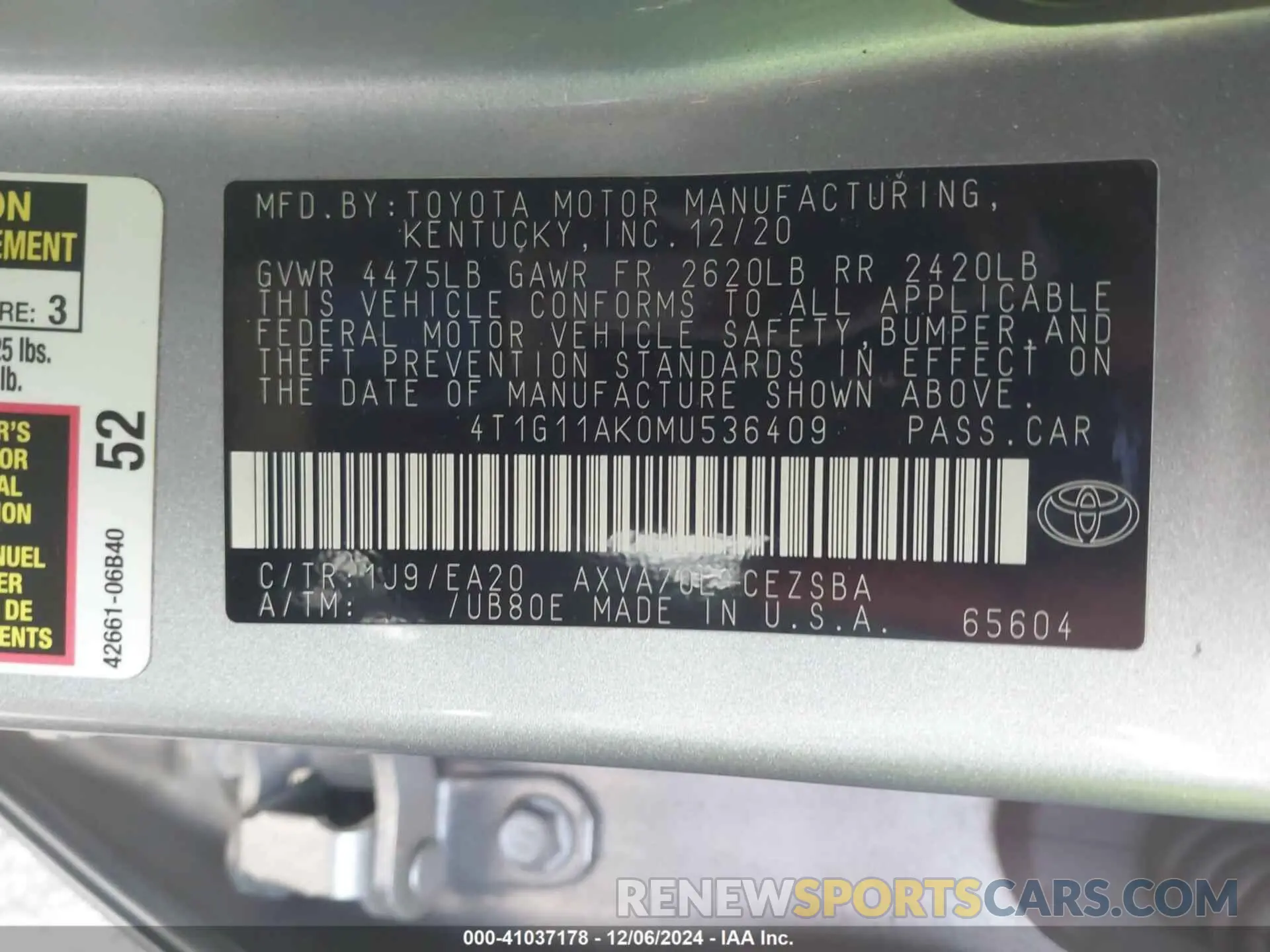 9 fotografías del automóvil dañado 4T1G11AK0MU536409 TOYOTA CAMRY 2021