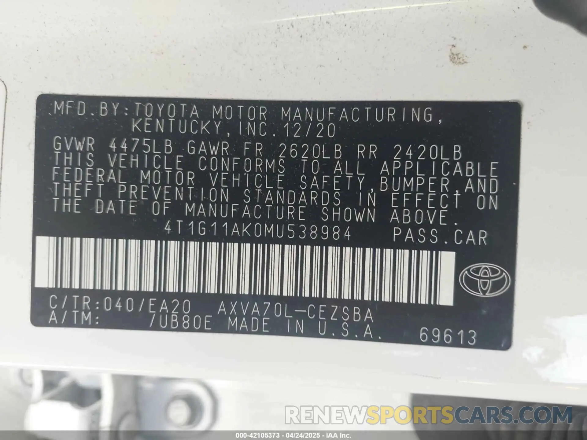 9 fotografías del automóvil dañado 4T1G11AK0MU538984 TOYOTA CAMRY 2021