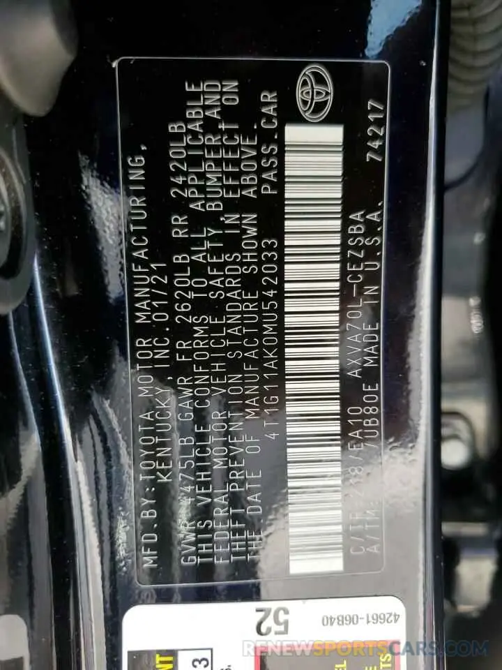 12 fotografías del automóvil dañado 4T1G11AK0MU542033 TOYOTA CAMRY 2021