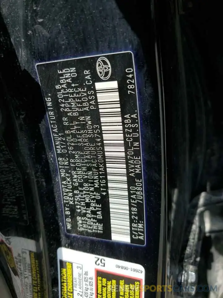12 fotografías del automóvil dañado 4T1G11AK0MU544753 TOYOTA CAMRY 2021