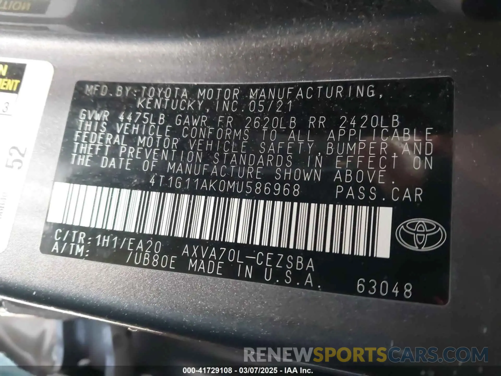 9 fotografías del automóvil dañado 4T1G11AK0MU586968 TOYOTA CAMRY 2021