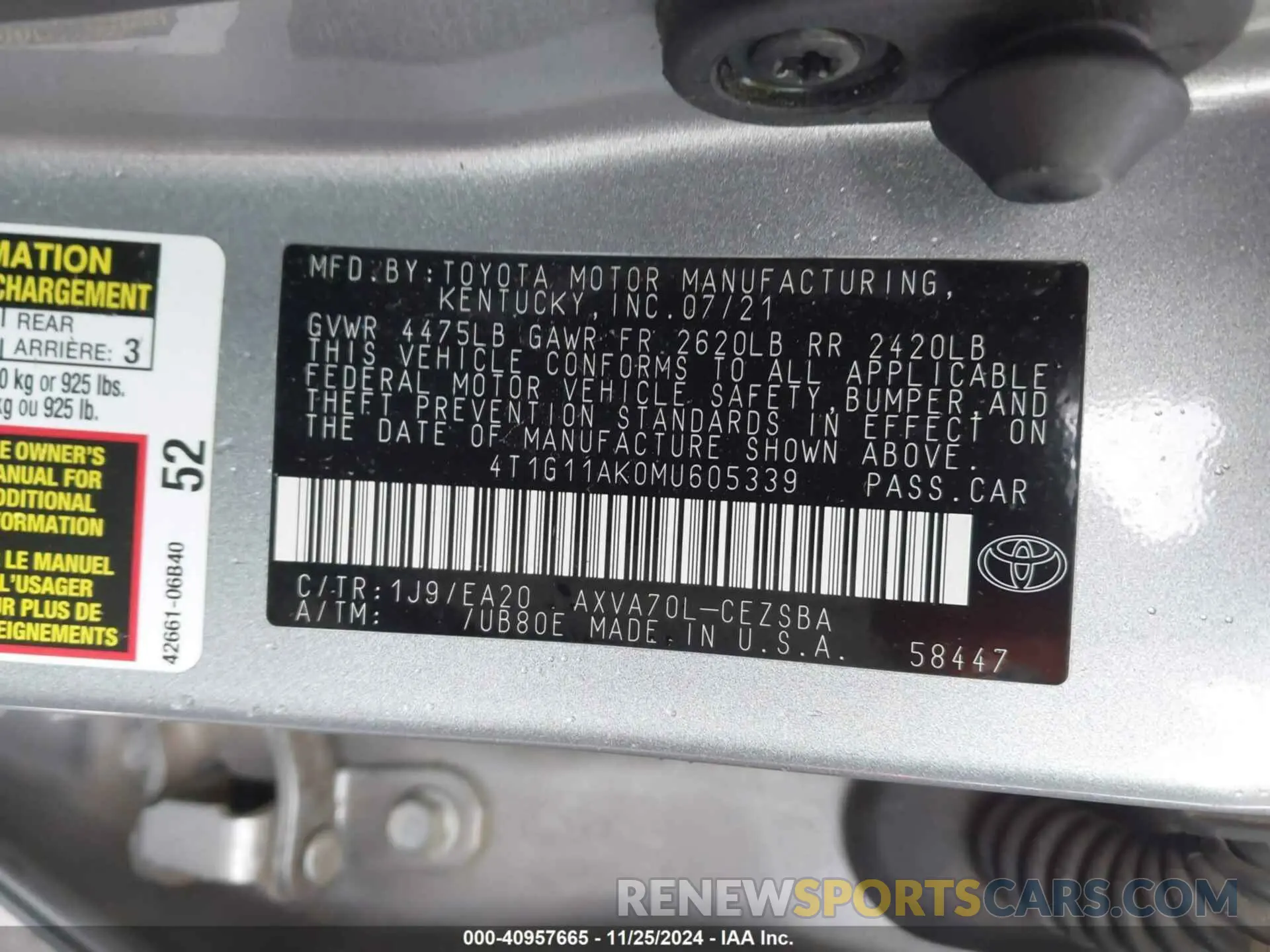 9 fotografías del automóvil dañado 4T1G11AK0MU605339 TOYOTA CAMRY 2021