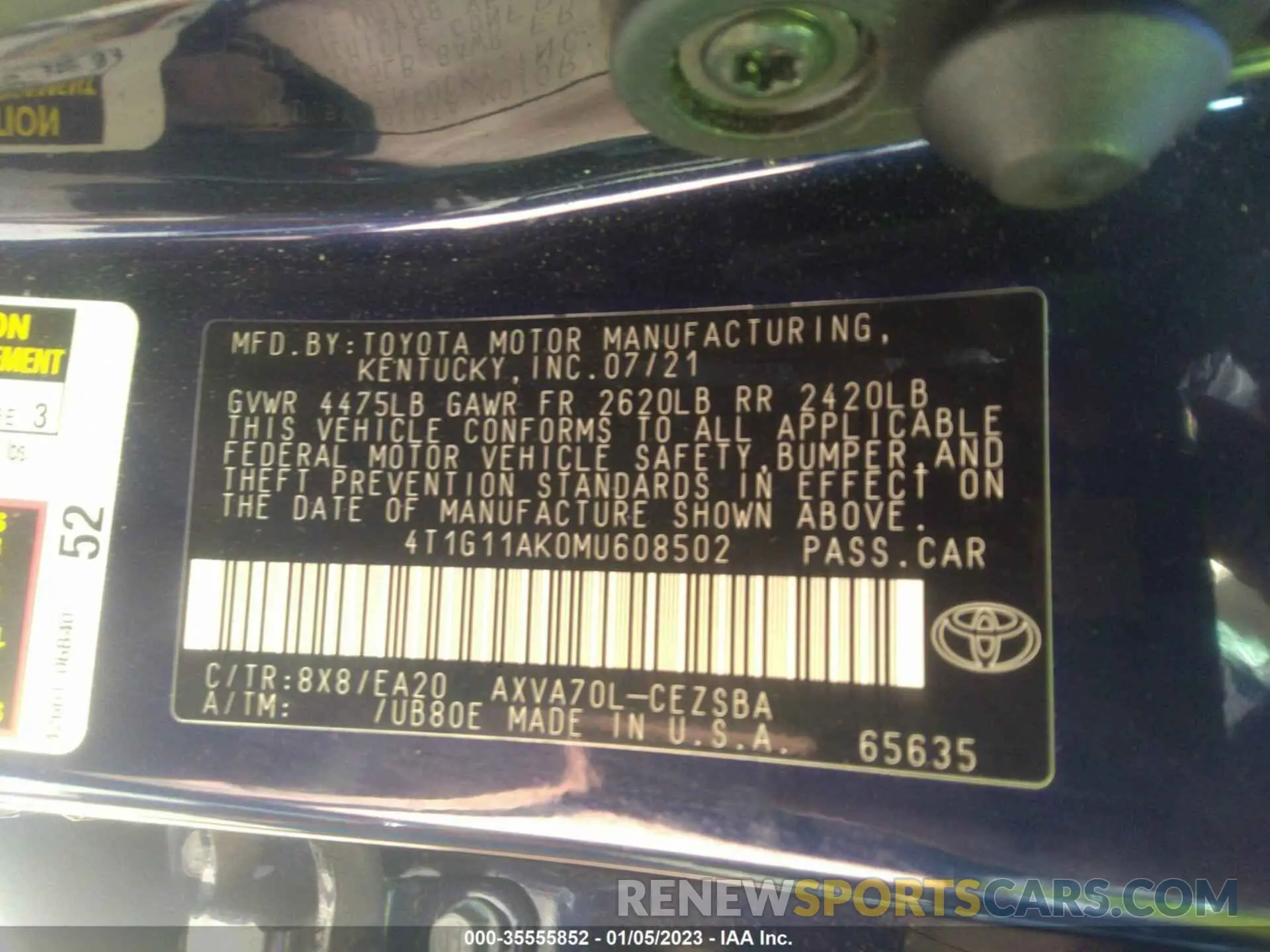9 fotografías del automóvil dañado 4T1G11AK0MU608502 TOYOTA CAMRY 2021