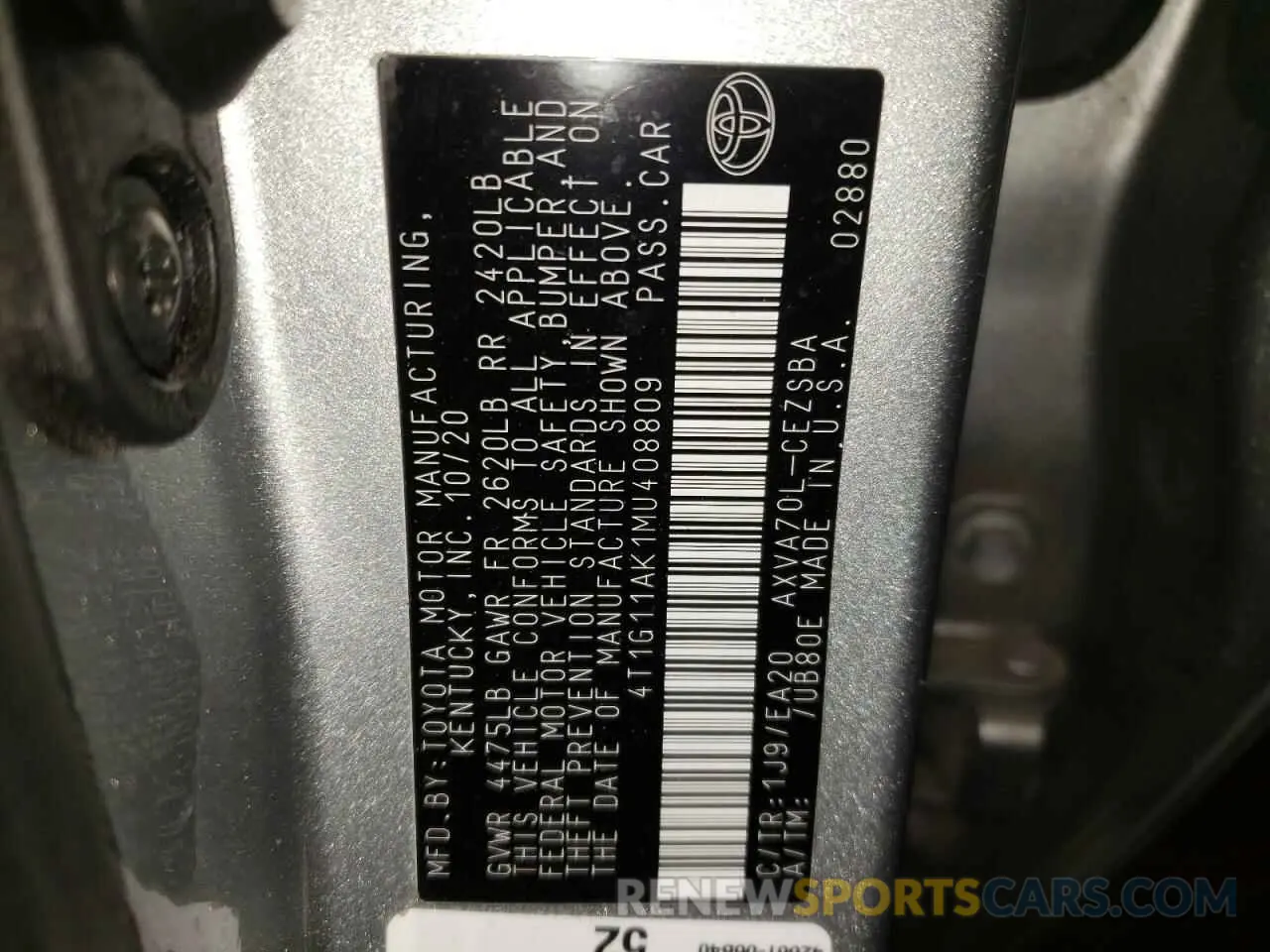 10 fotografías del automóvil dañado 4T1G11AK1MU408809 TOYOTA CAMRY 2021