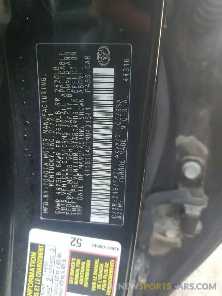 12 fotografías del automóvil dañado 4T1G11AK1MU431541 TOYOTA CAMRY 2021