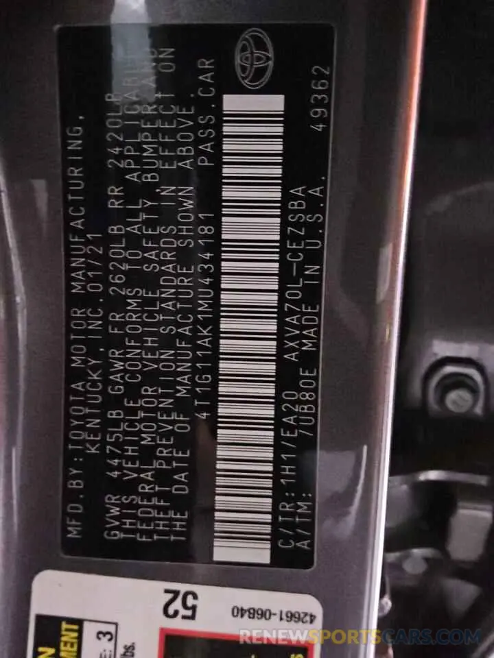 13 fotografías del automóvil dañado 4T1G11AK1MU434181 TOYOTA CAMRY 2021