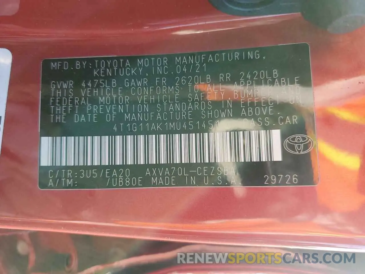 12 fotografías del automóvil dañado 4T1G11AK1MU451451 TOYOTA CAMRY 2021