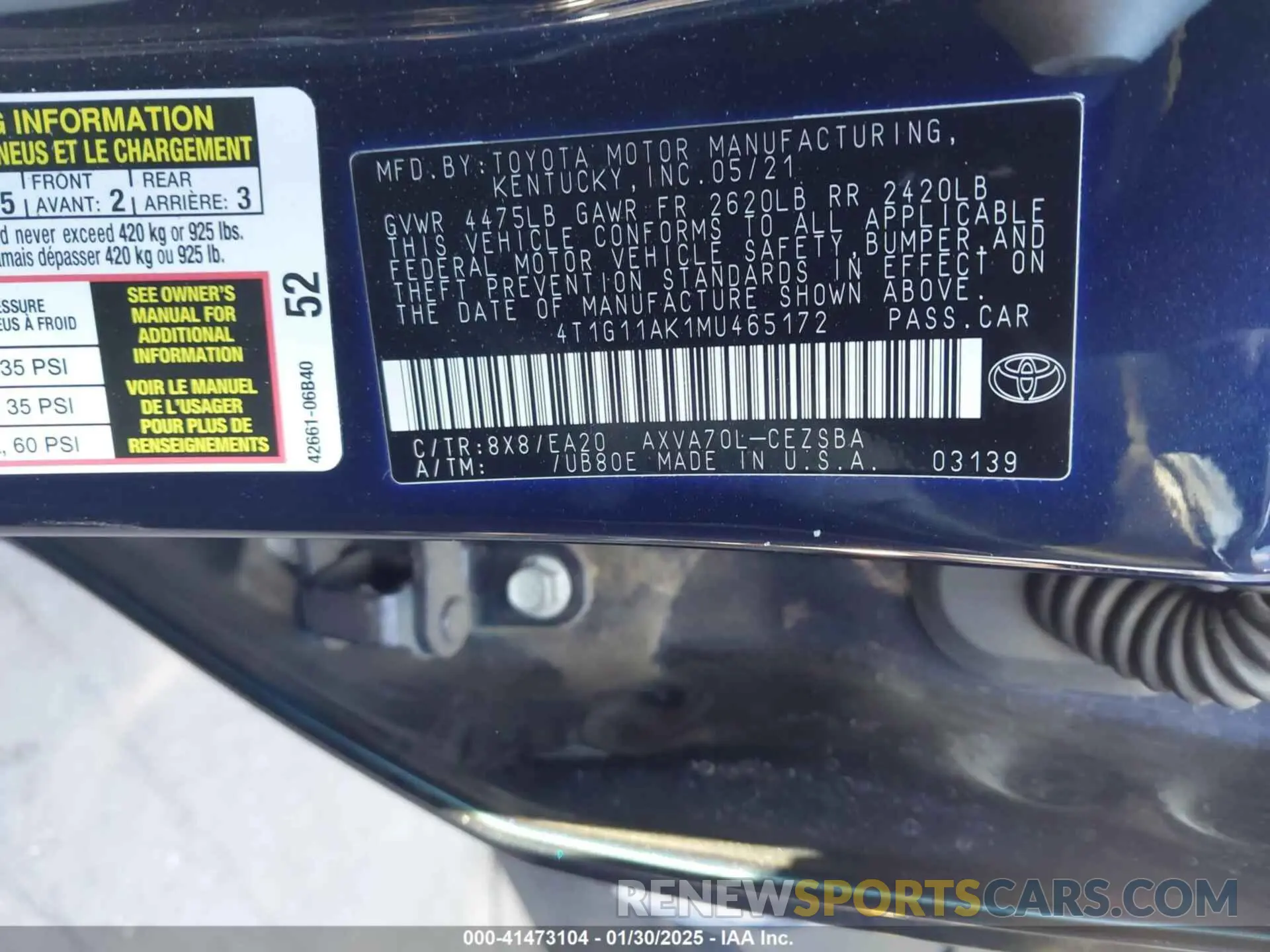 9 fotografías del automóvil dañado 4T1G11AK1MU465172 TOYOTA CAMRY 2021