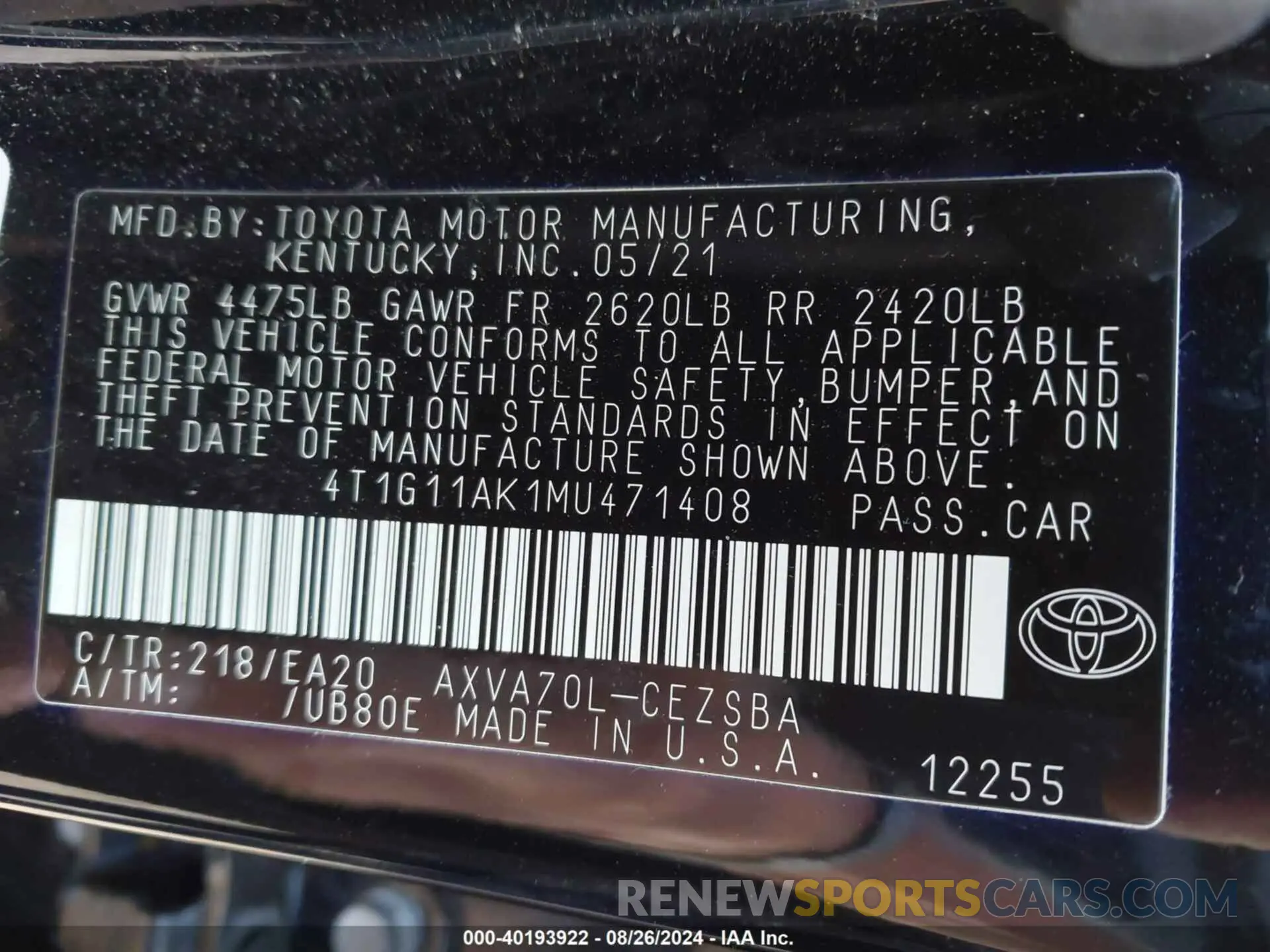 9 fotografías del automóvil dañado 4T1G11AK1MU471408 TOYOTA CAMRY 2021