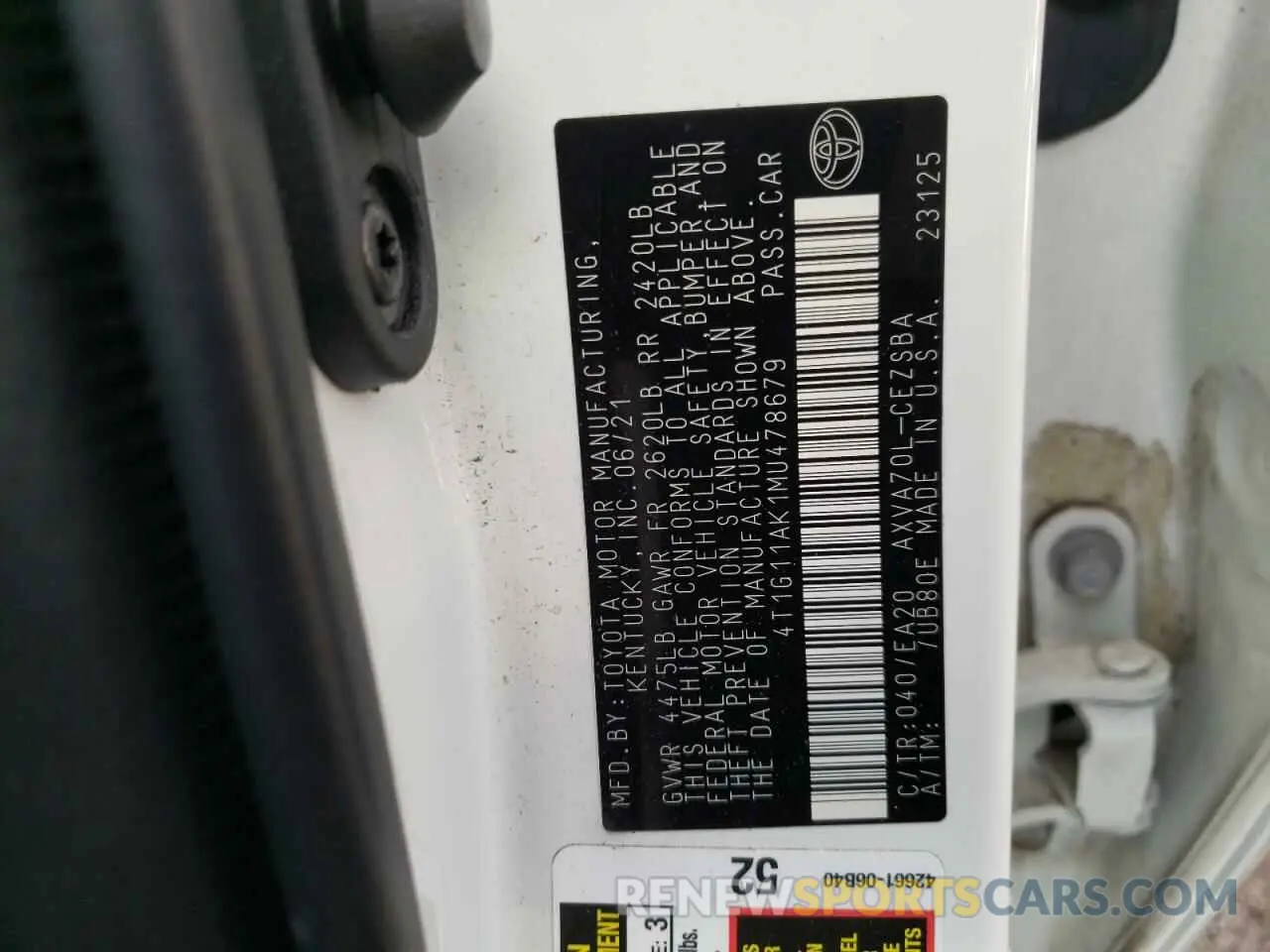 12 fotografías del automóvil dañado 4T1G11AK1MU478679 TOYOTA CAMRY 2021