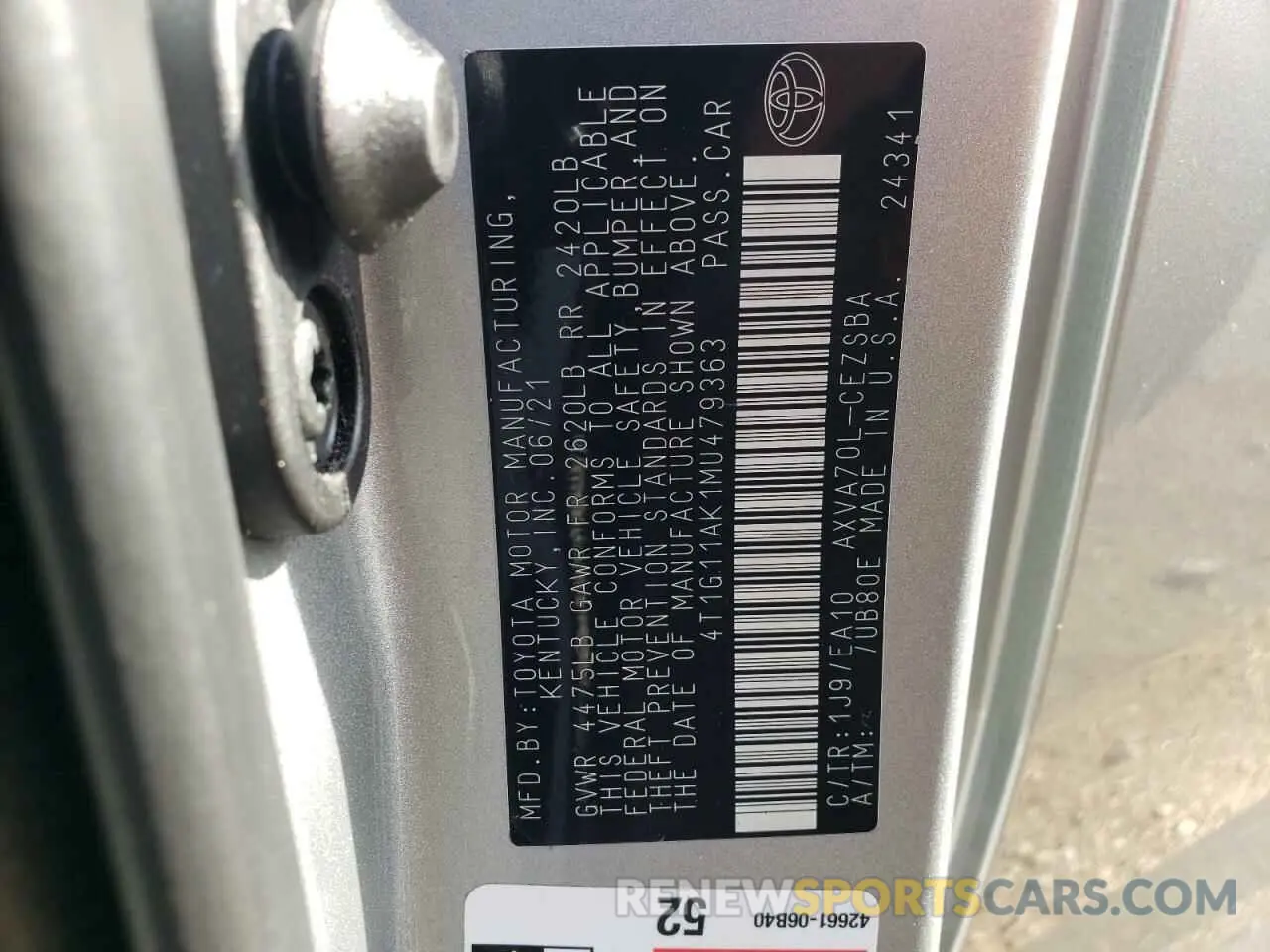 10 fotografías del automóvil dañado 4T1G11AK1MU479363 TOYOTA CAMRY 2021