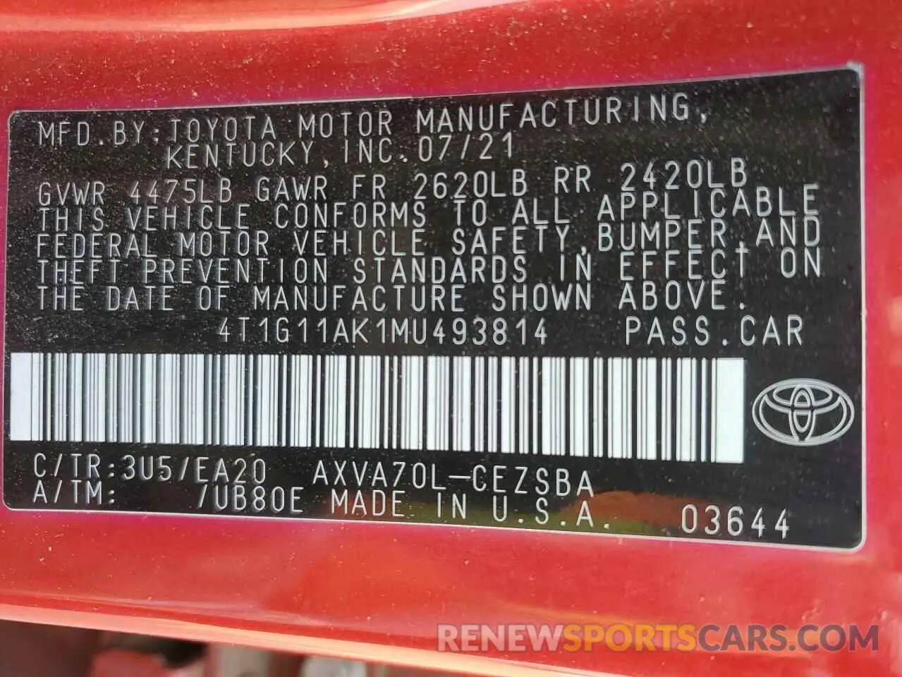 12 fotografías del automóvil dañado 4T1G11AK1MU493814 TOYOTA CAMRY 2021