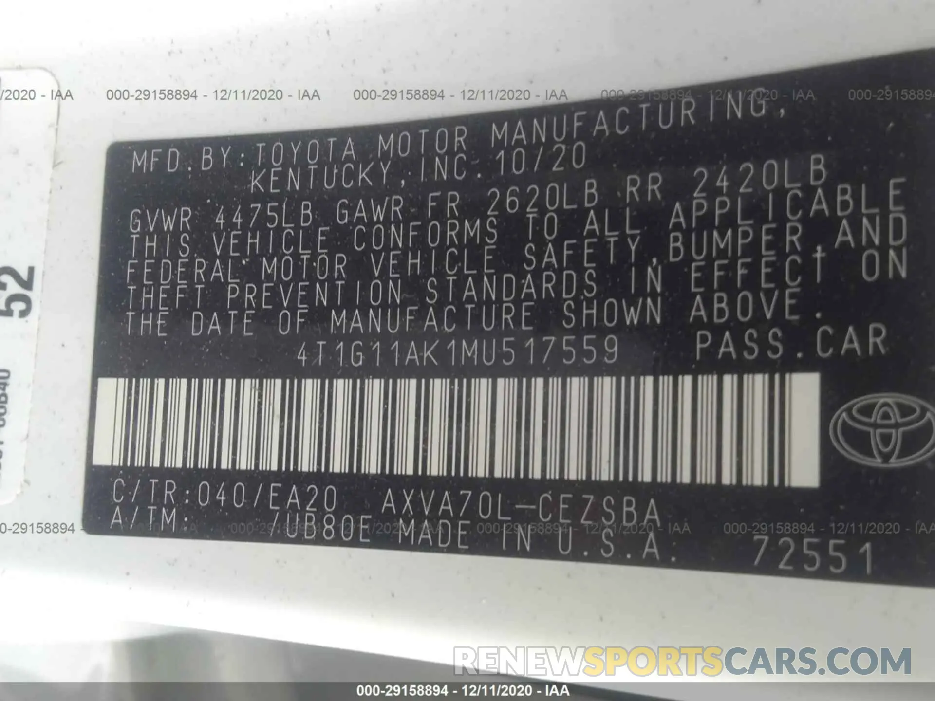 9 fotografías del automóvil dañado 4T1G11AK1MU517559 TOYOTA CAMRY 2021