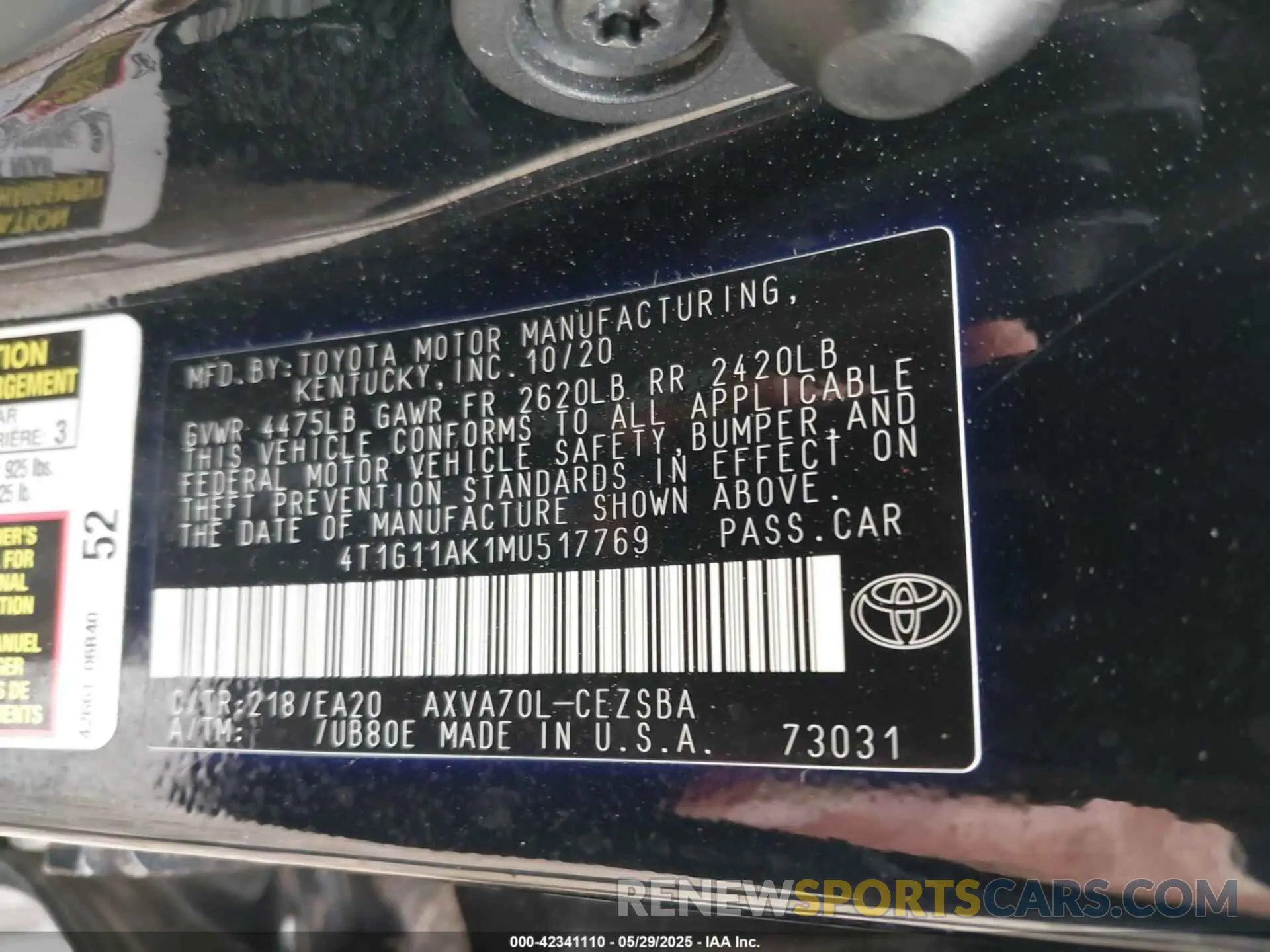 9 fotografías del automóvil dañado 4T1G11AK1MU517769 TOYOTA CAMRY 2021