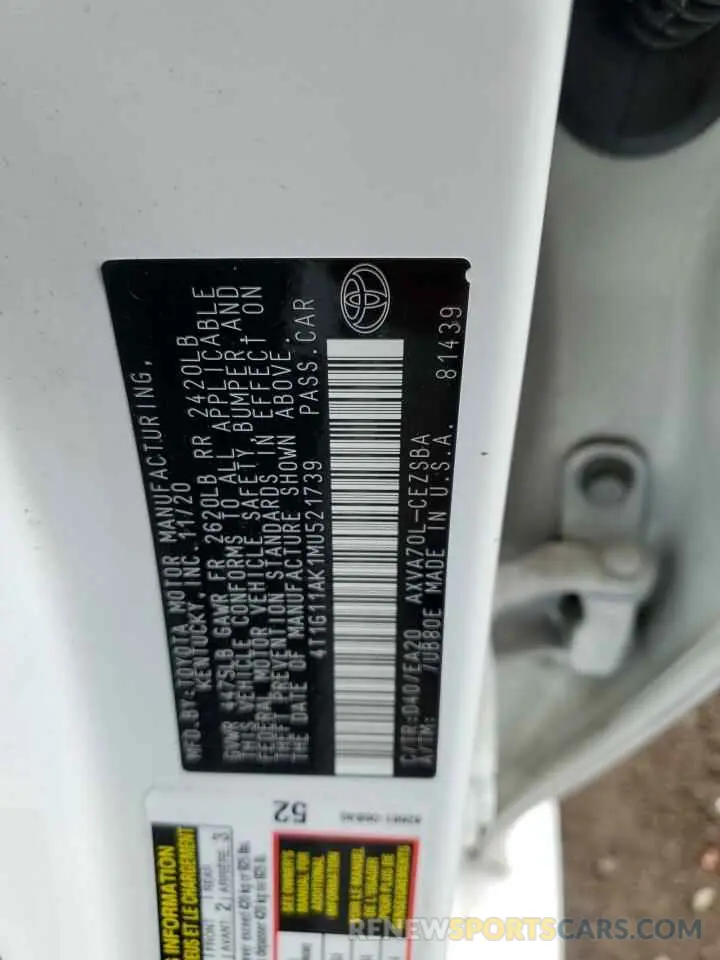 12 fotografías del automóvil dañado 4T1G11AK1MU521739 TOYOTA CAMRY 2021