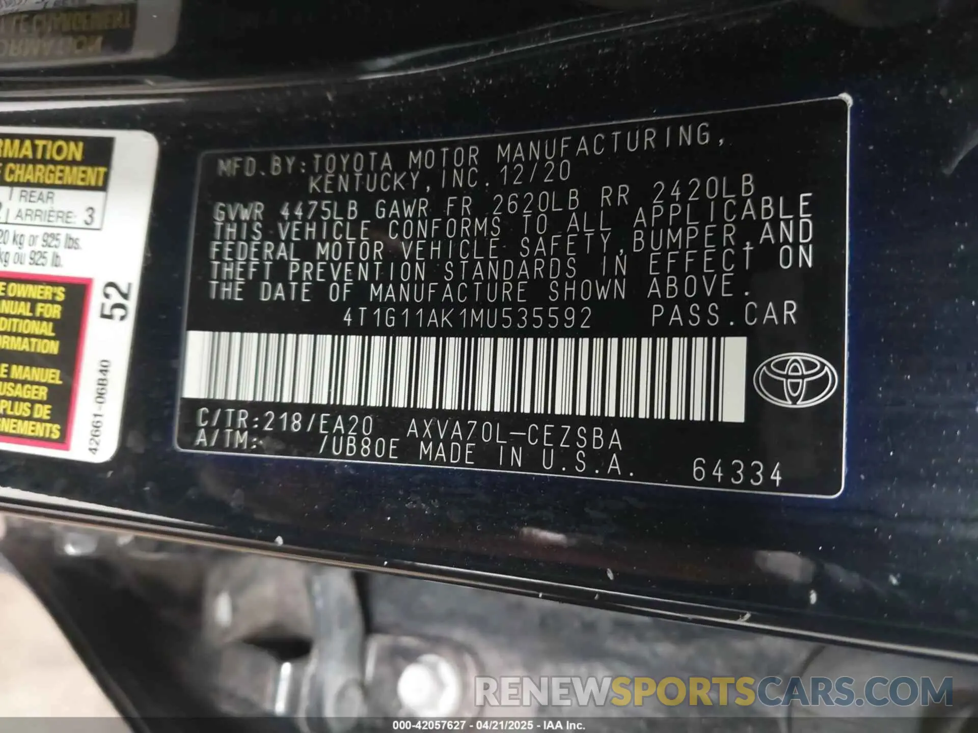 9 fotografías del automóvil dañado 4T1G11AK1MU535592 TOYOTA CAMRY 2021