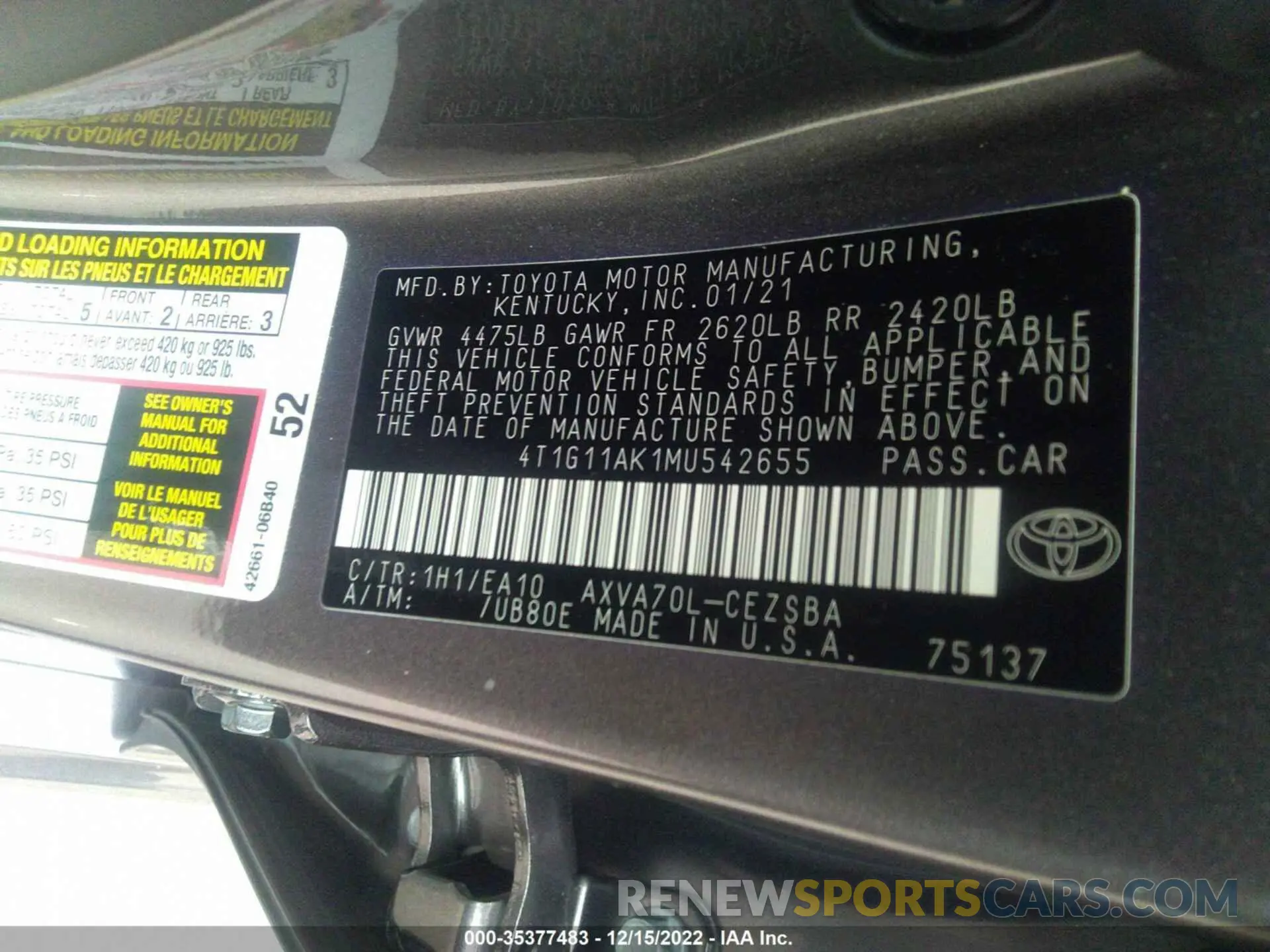 9 fotografías del automóvil dañado 4T1G11AK1MU542655 TOYOTA CAMRY 2021