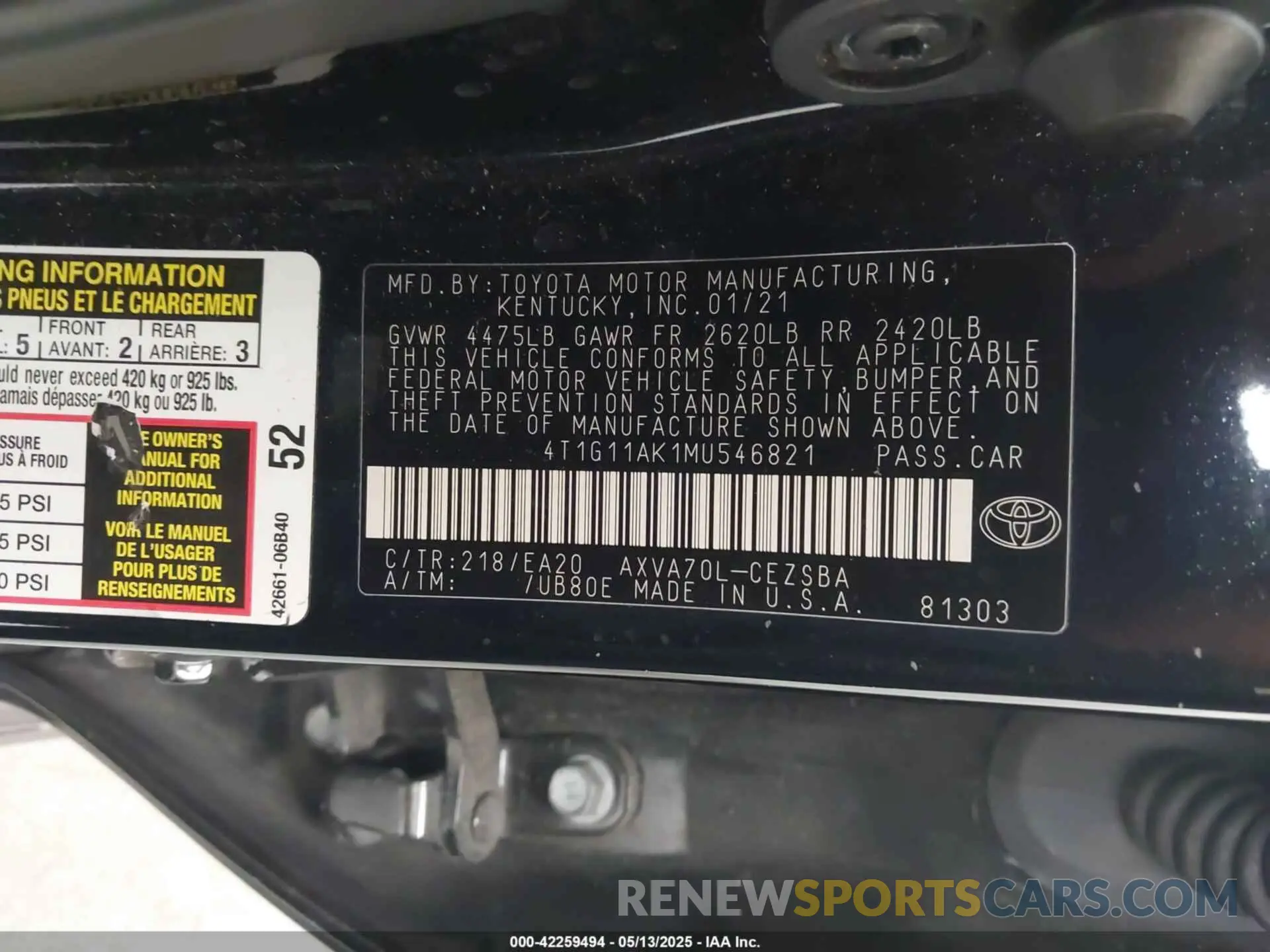 9 fotografías del automóvil dañado 4T1G11AK1MU546821 TOYOTA CAMRY 2021