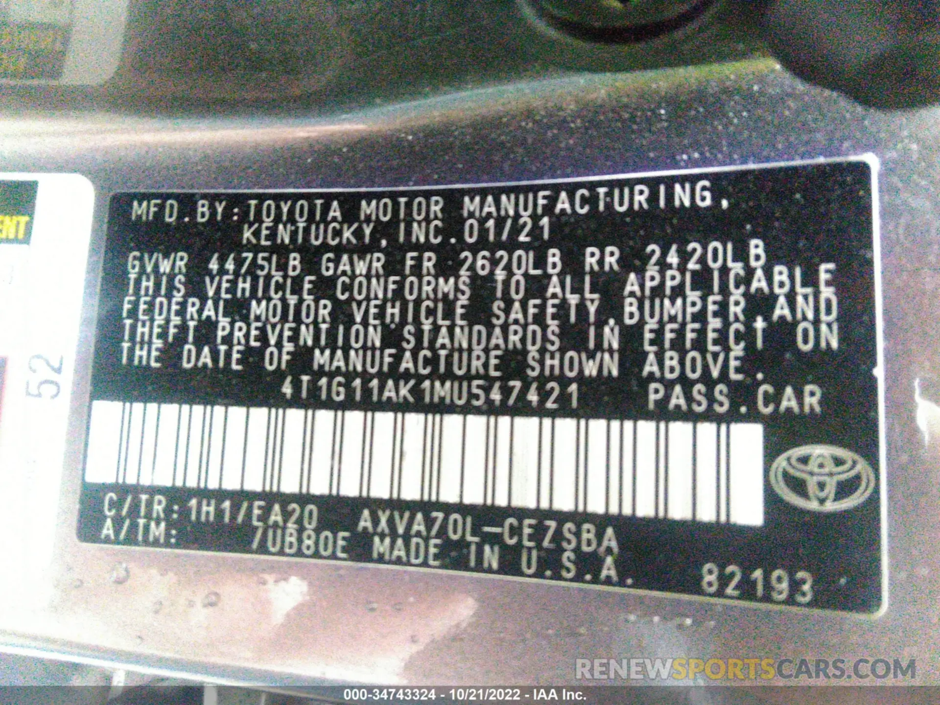 9 fotografías del automóvil dañado 4T1G11AK1MU547421 TOYOTA CAMRY 2021