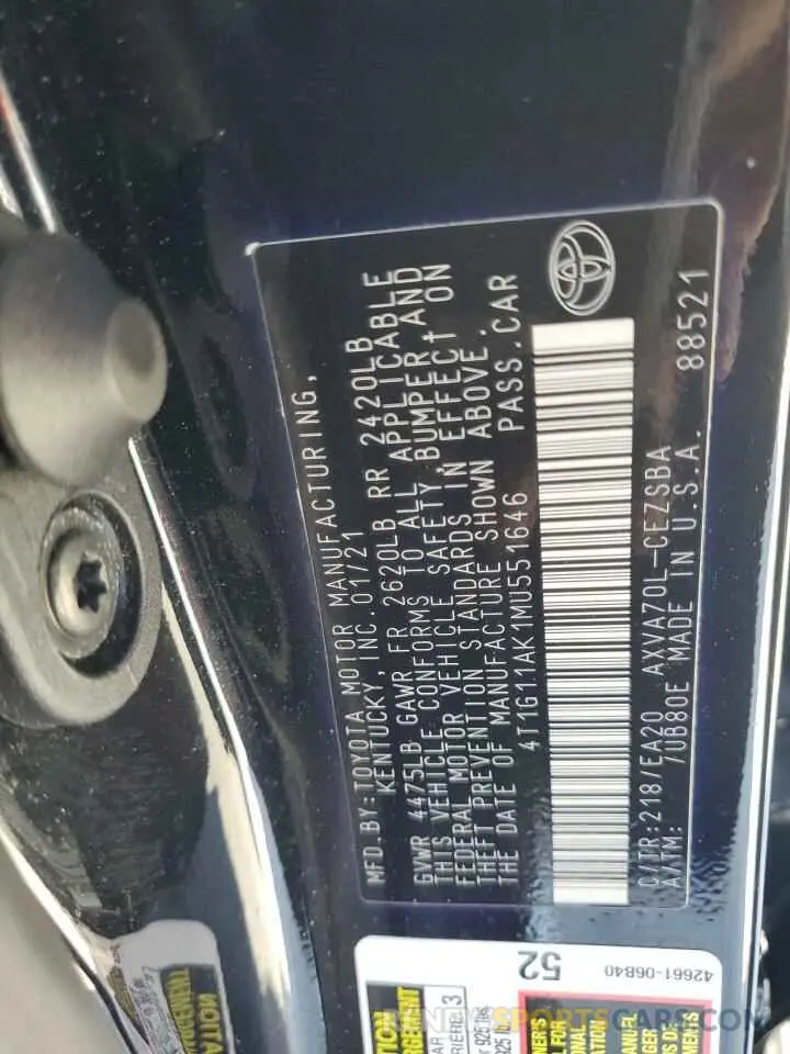 12 fotografías del automóvil dañado 4T1G11AK1MU551646 TOYOTA CAMRY 2021