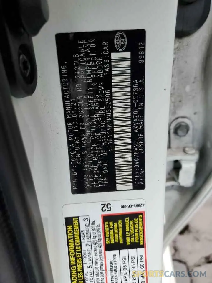12 fotografías del automóvil dañado 4T1G11AK1MU552506 TOYOTA CAMRY 2021