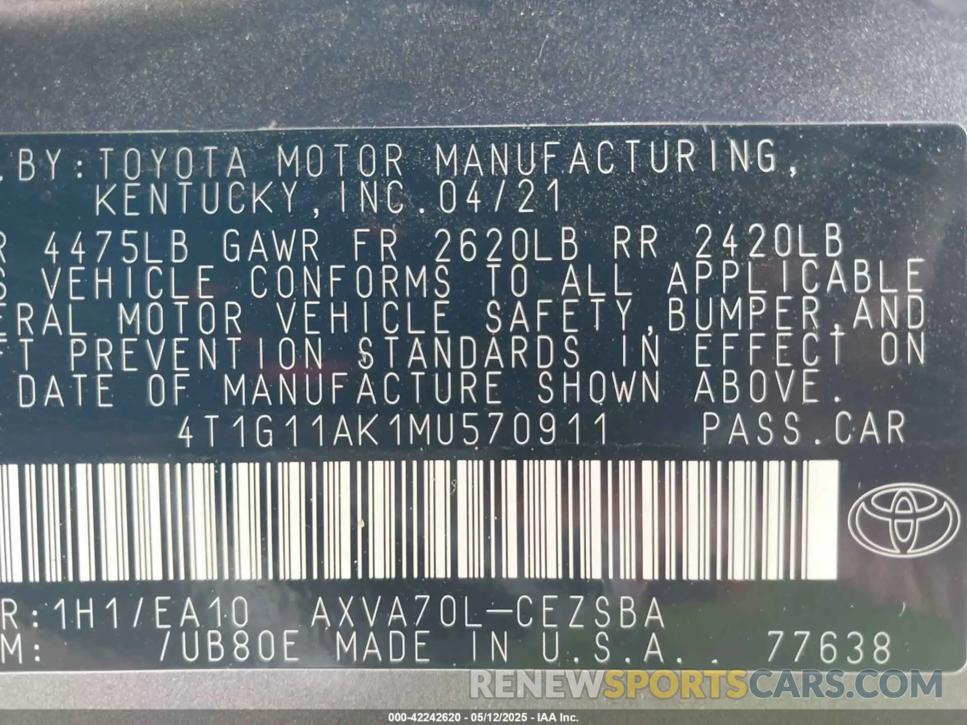 9 fotografías del automóvil dañado 4T1G11AK1MU570911 TOYOTA CAMRY 2021
