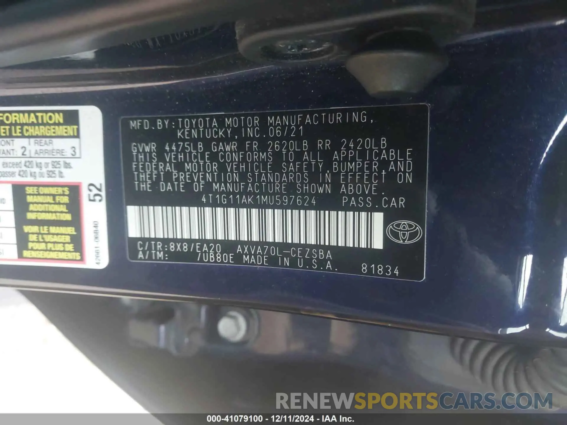 9 fotografías del automóvil dañado 4T1G11AK1MU597624 TOYOTA CAMRY 2021