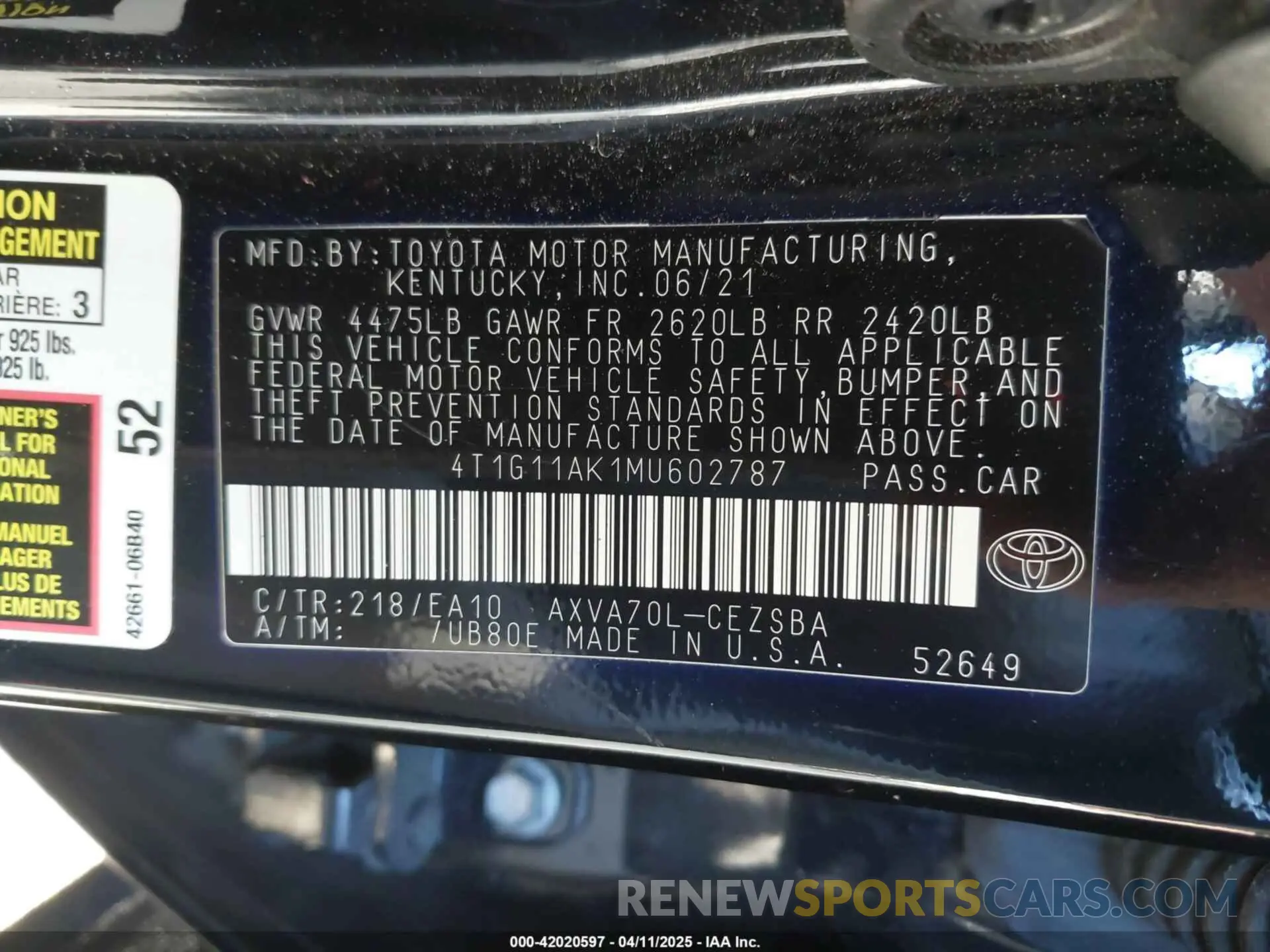 9 fotografías del automóvil dañado 4T1G11AK1MU602787 TOYOTA CAMRY 2021