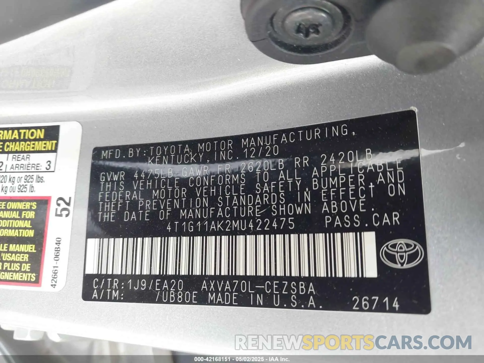 9 fotografías del automóvil dañado 4T1G11AK2MU422475 TOYOTA CAMRY 2021