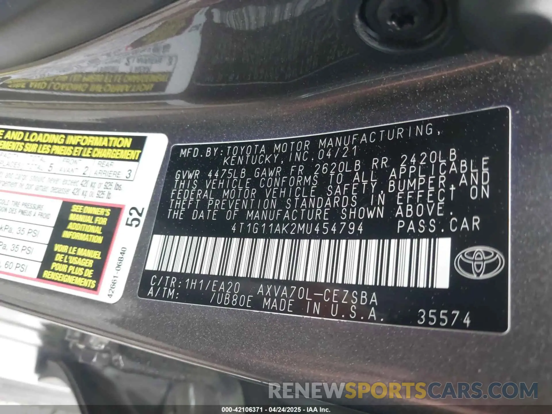 9 fotografías del automóvil dañado 4T1G11AK2MU454794 TOYOTA CAMRY 2021