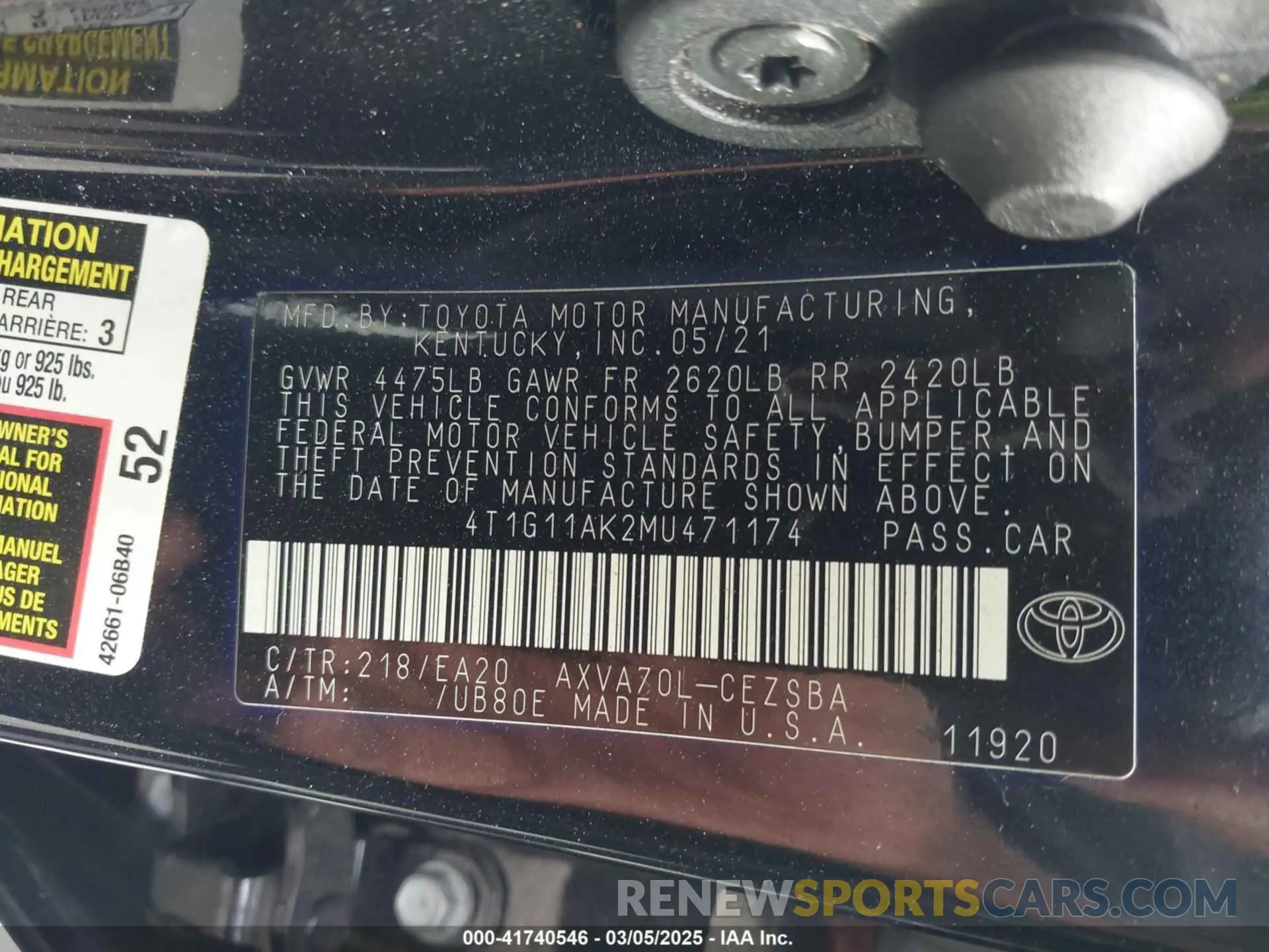 9 fotografías del automóvil dañado 4T1G11AK2MU471174 TOYOTA CAMRY 2021