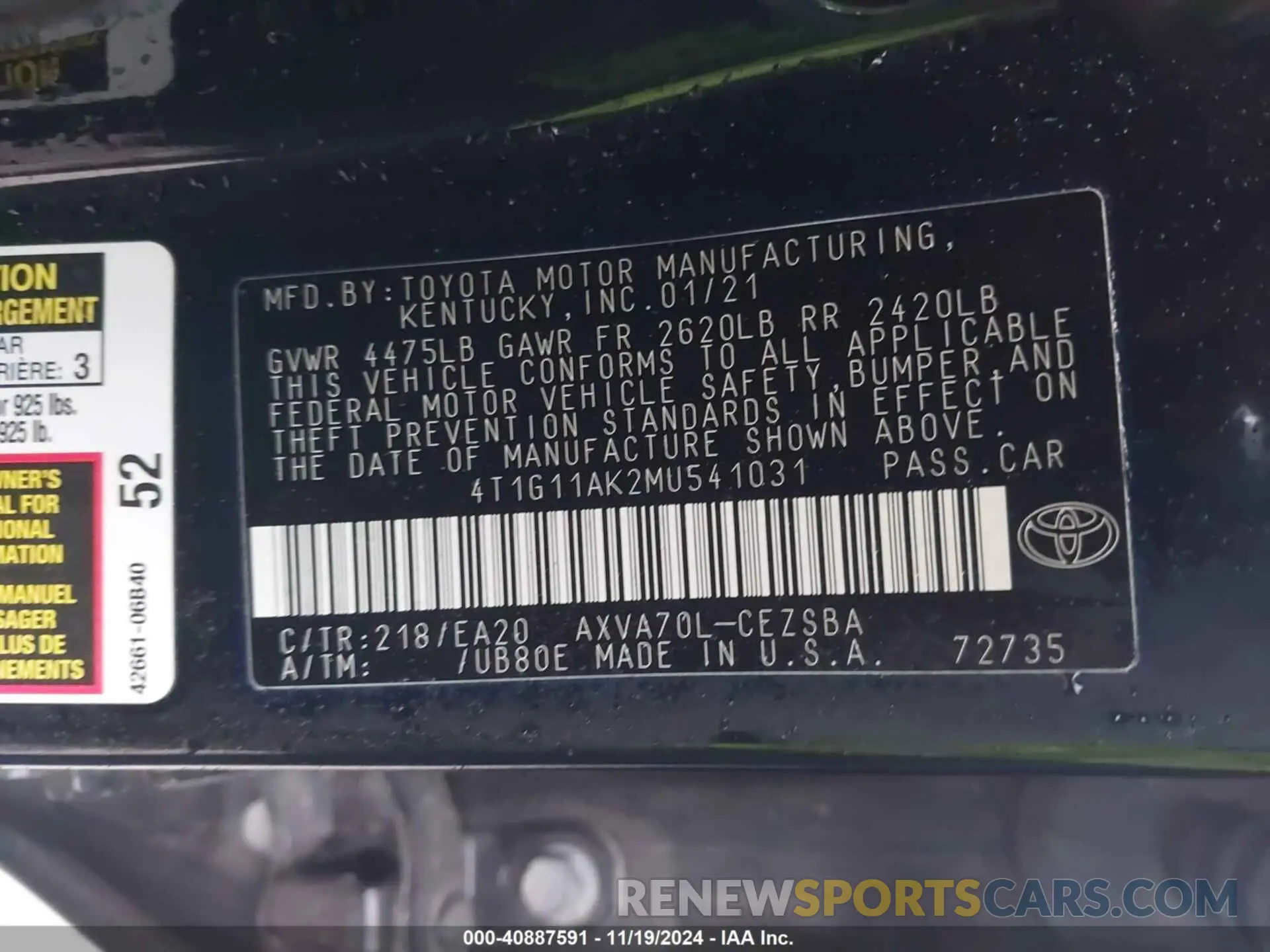 9 fotografías del automóvil dañado 4T1G11AK2MU541031 TOYOTA CAMRY 2021