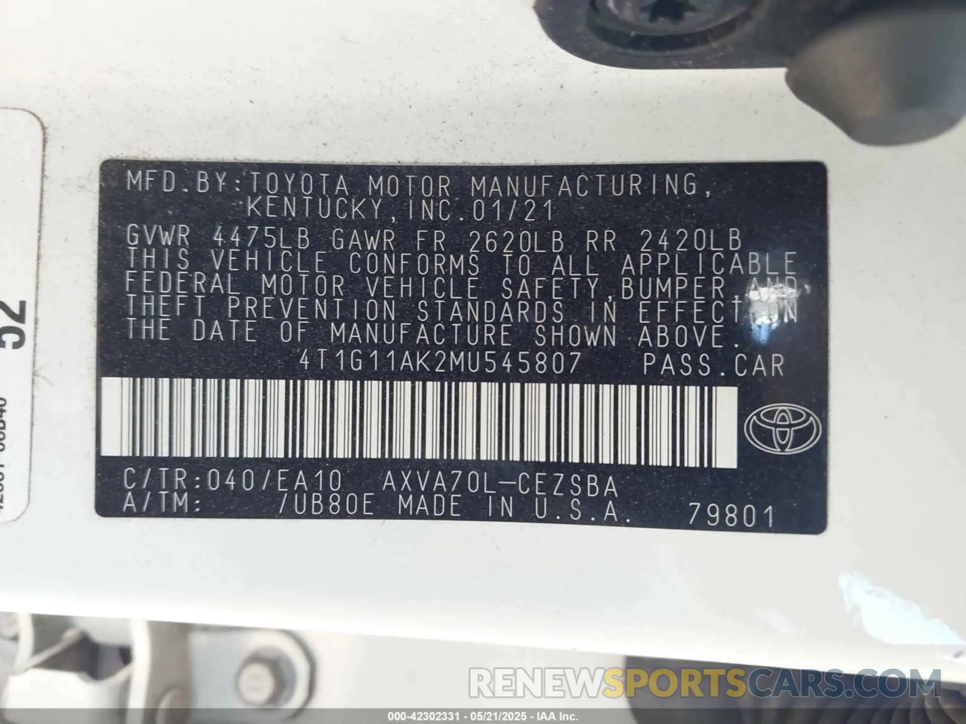9 fotografías del automóvil dañado 4T1G11AK2MU545807 TOYOTA CAMRY 2021