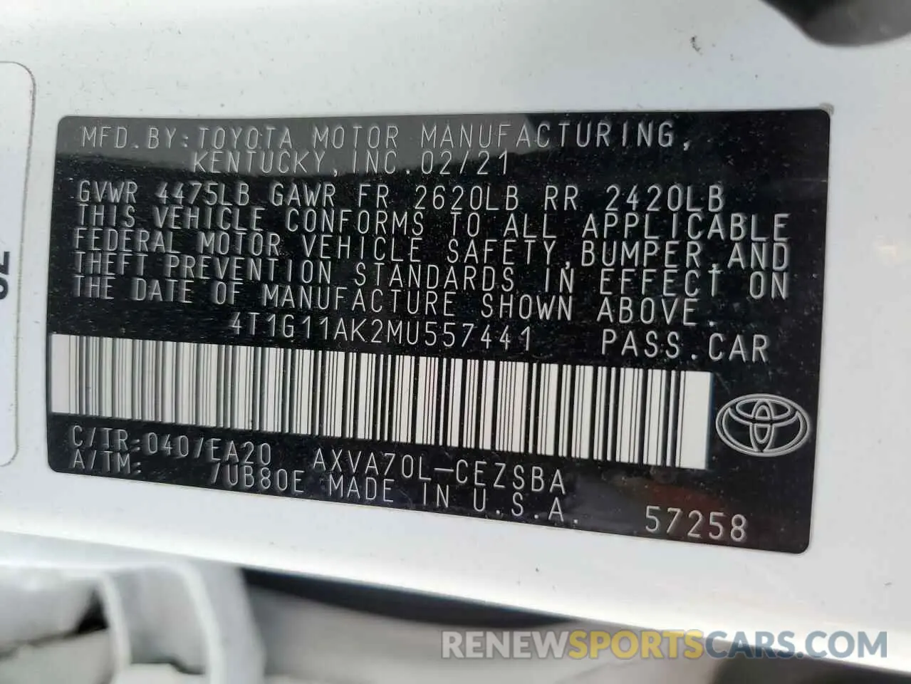 12 fotografías del automóvil dañado 4T1G11AK2MU557441 TOYOTA CAMRY 2021