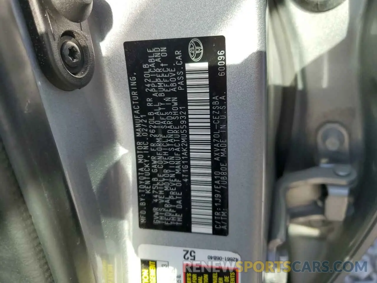 12 fotografías del automóvil dañado 4T1G11AK2MU559321 TOYOTA CAMRY 2021