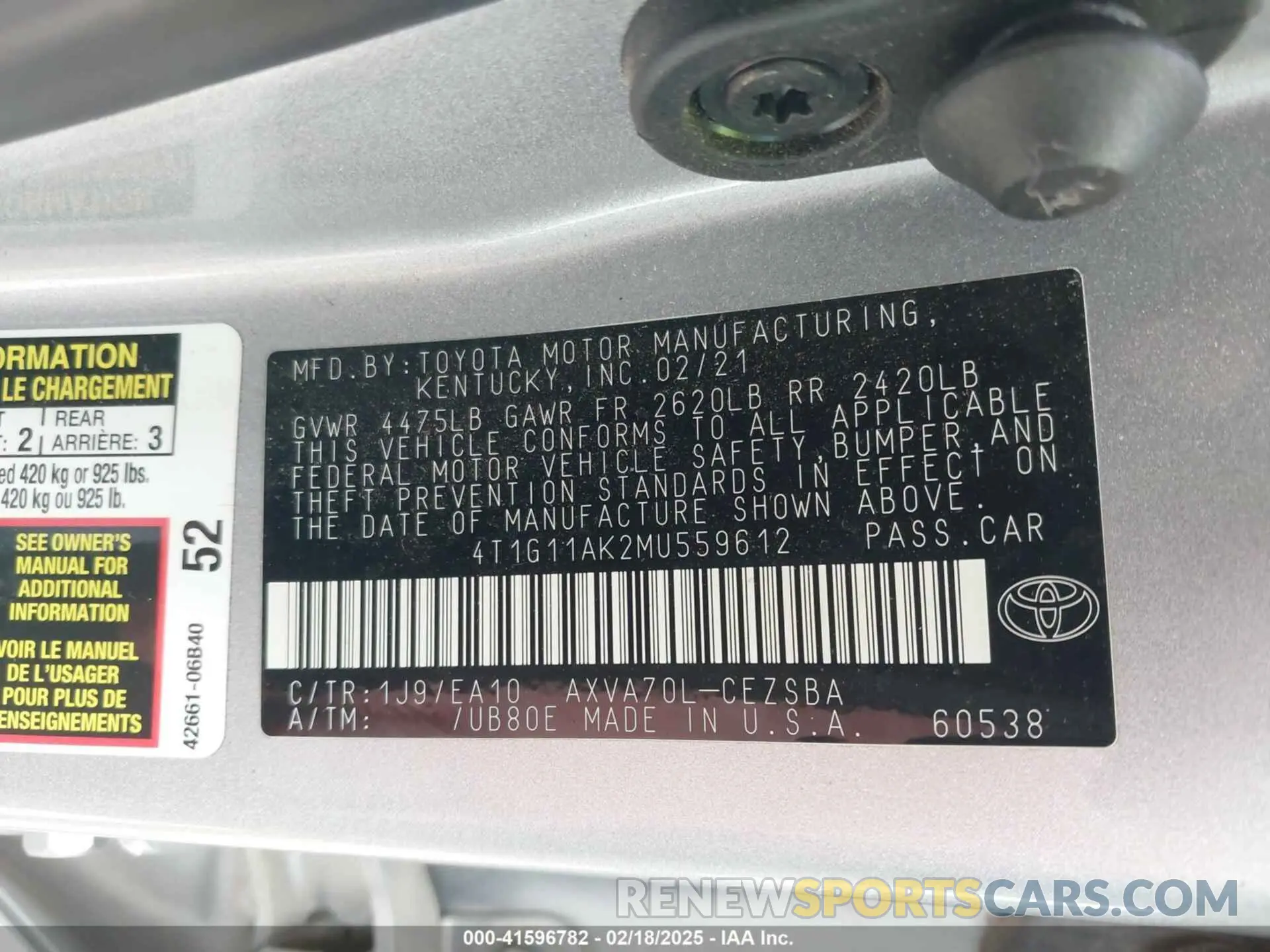 9 fotografías del automóvil dañado 4T1G11AK2MU559612 TOYOTA CAMRY 2021