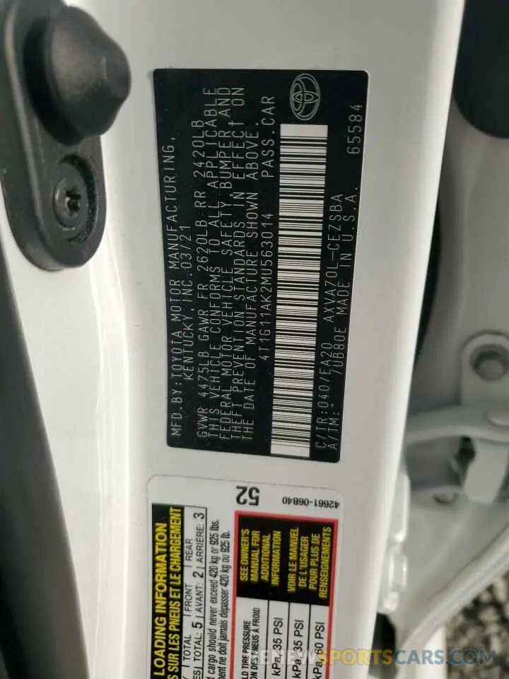 13 fotografías del automóvil dañado 4T1G11AK2MU563014 TOYOTA CAMRY 2021