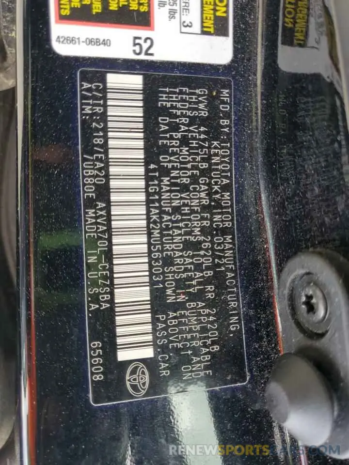 12 fotografías del automóvil dañado 4T1G11AK2MU563031 TOYOTA CAMRY 2021