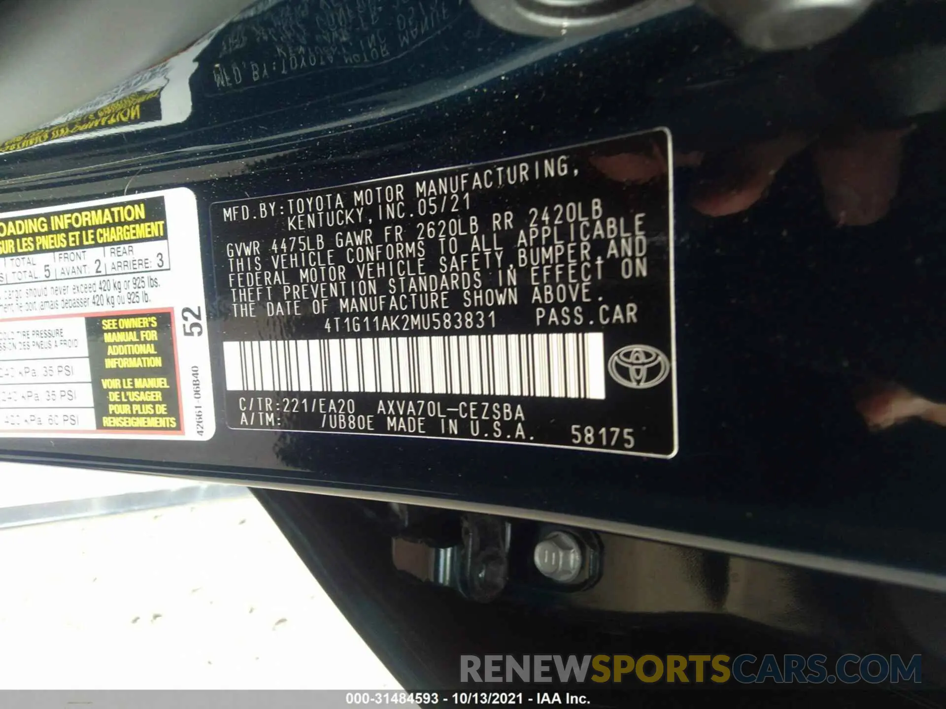 9 fotografías del automóvil dañado 4T1G11AK2MU583831 TOYOTA CAMRY 2021